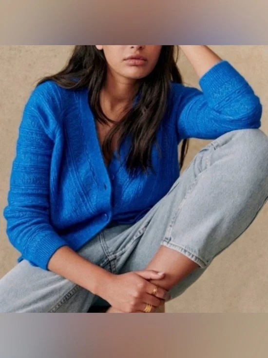 Sezane Electric Blue V‑Neck Cable Knit Cardigan - Picture 1 of 8